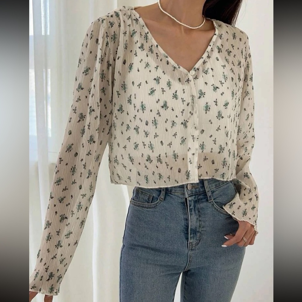 Dazy Ditsy Floral One Button Front Sheer Blouse Size Large